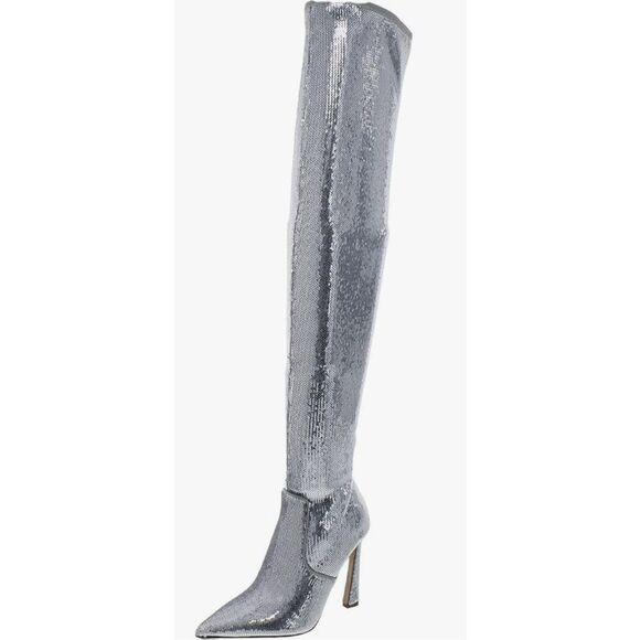 Steve Madden Over The Knee Boots Size 7 Silver Sequine High Heel - Picture 1 of 5